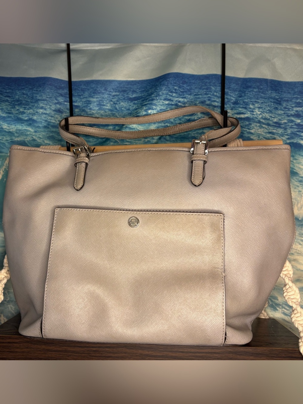 Michael Kors Leather Snap Pocket Tote Bag in Taupe Gray
